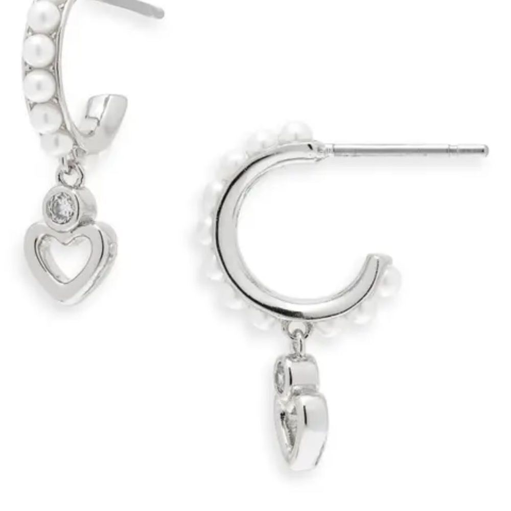 NWT‎ Kate Spade Silver Heart Pearl Hoop Earrings A